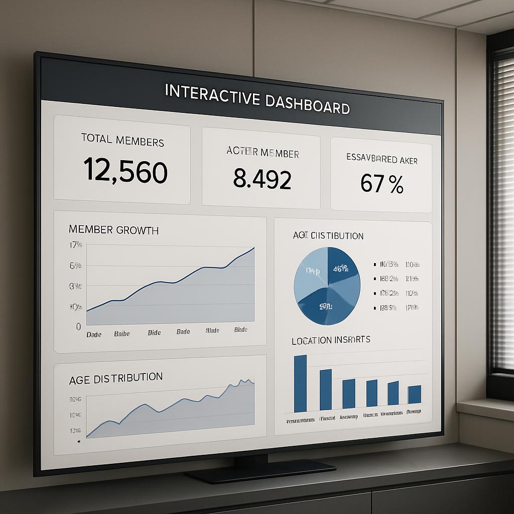 An interactive dashboard displaying metrics for an unspecified entity, including total members, active member count, essay...