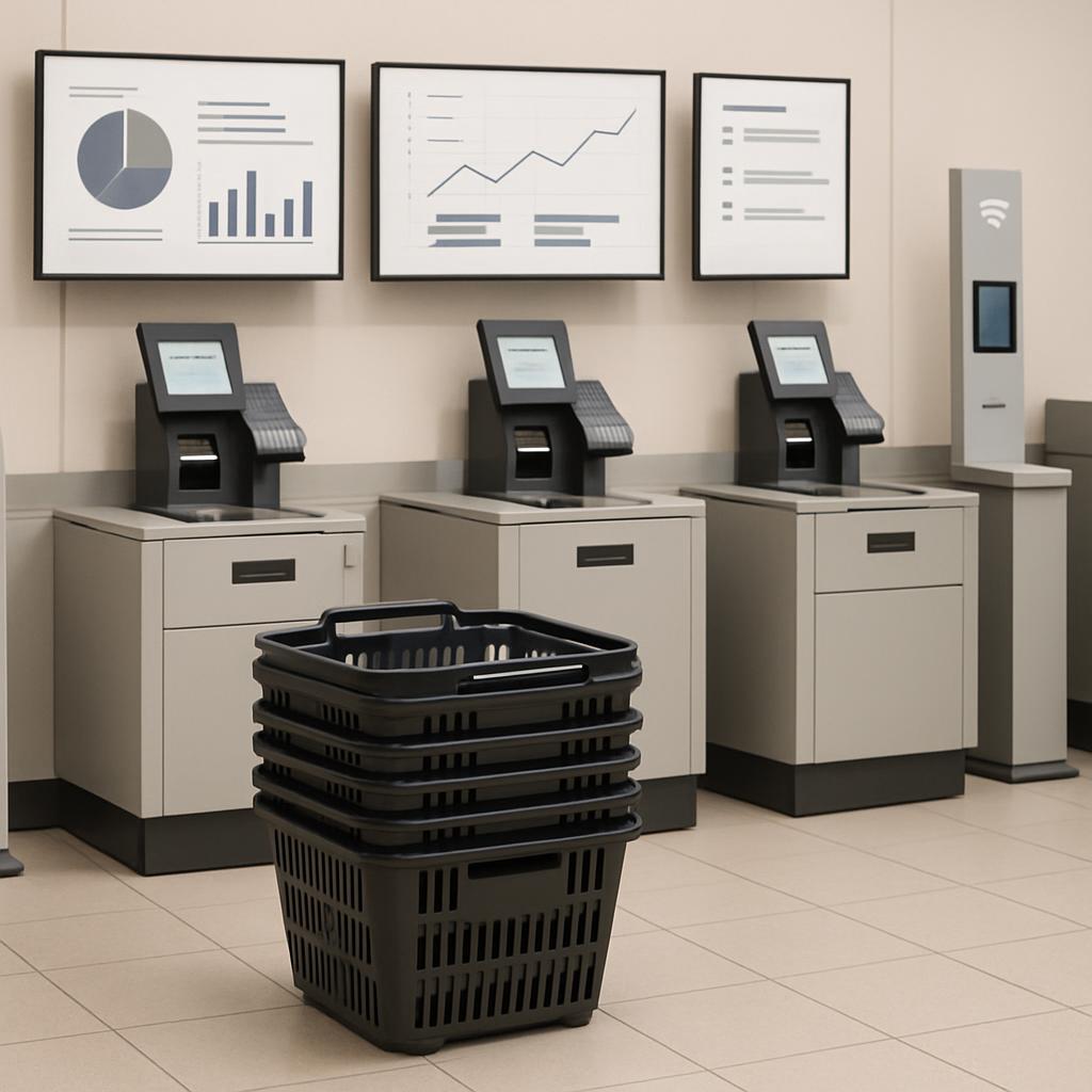 **Baskets in Front of Checkouts and Payment Machines** Stacked baskets in front of grocery store checkout lanes and paymen...
