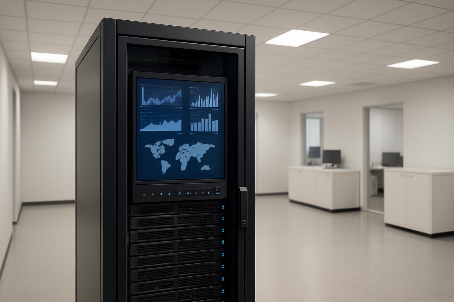 A server in a busy office room, with a blurred background and semi-reflective tiles on the floor.